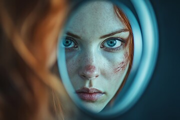 Close-up of a woman with scars and freckles looking at her reflection in a round mirror