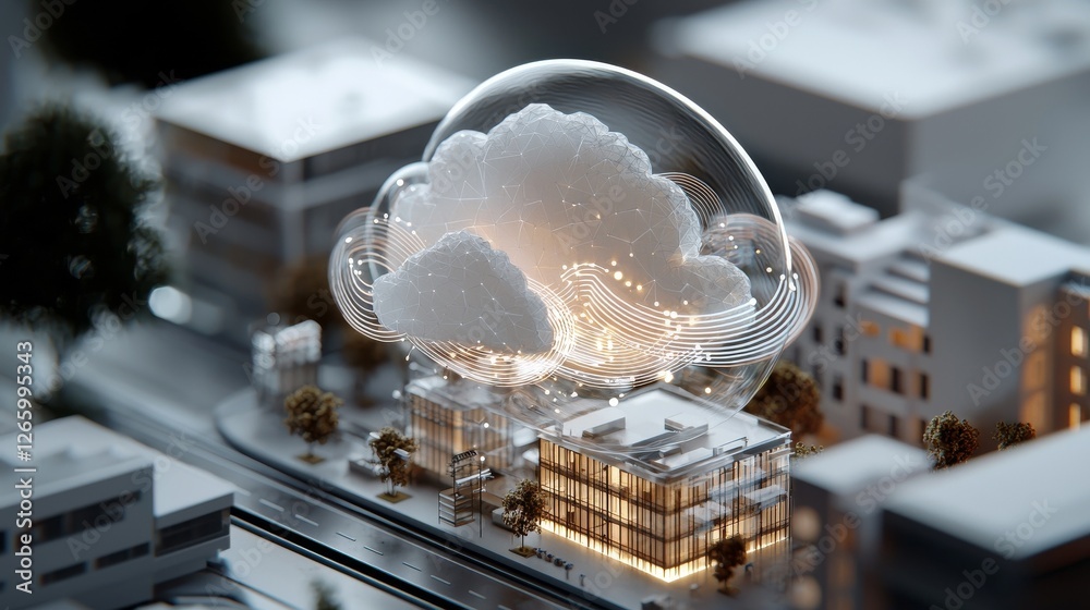 Poster stock image featuring an isometric view of a cloud computing platform with a gas station building an