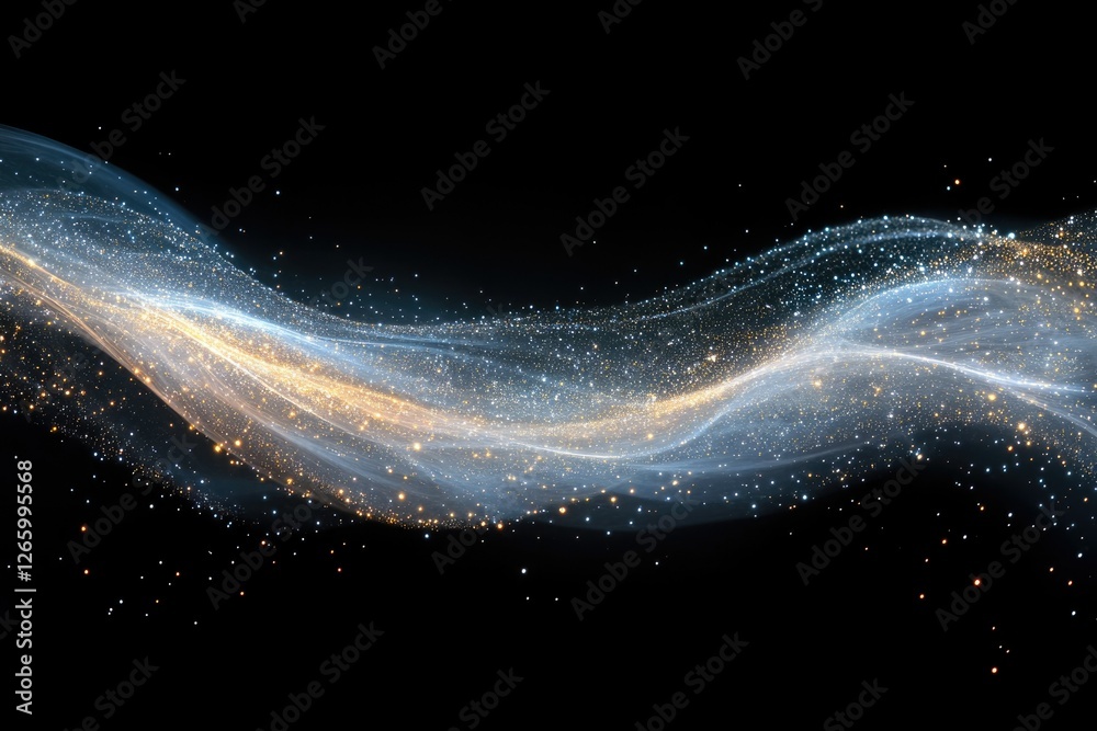 Poster Abstract image of a flowing, glittering wave of light with gold and silver sparkles against a transparent background.