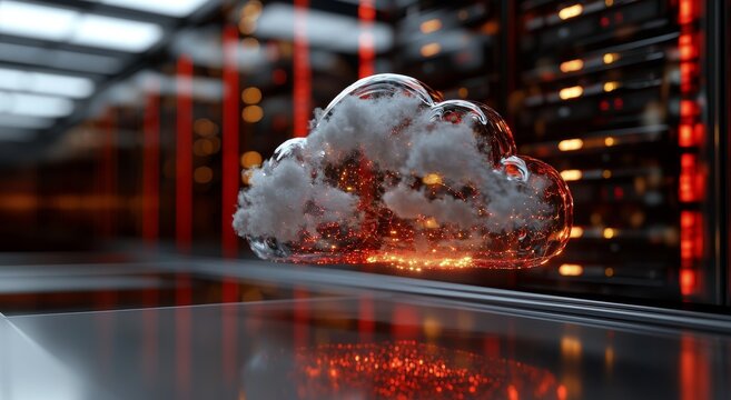 Cloud computing is visualized through abstract clouds in a server room