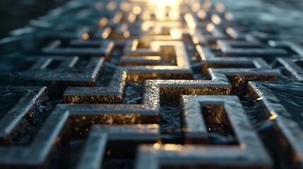 The Complex Digital Maze Structure presents a complex network of glowing blue pathways that embody the difficulties of navigating digital landscapes and resolving intricate problems