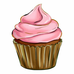 Illustration art of single cupcake topped with smooth pink frosting and no additional decorations, isolated on a white background for dessert or baking-themed content