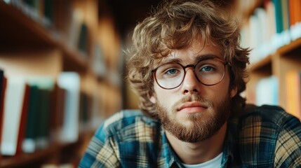 A young man with curly hair and glasses gazes thoughtfully while sitting in a library filled with books, conveying a sense of contemplation and focus on knowledge.