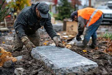 Construction workers installing a heavy stone slab at a muddy construction site, performing groundwork and landscaping