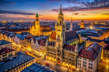 Fototapeta premium Munich Marienplatz Aerial View: Springtime New Town Hall & Frauenkirche at Dusk