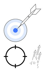 Bullseye with arrow at center, crosshair, and upward arrows. Ideal for business goals, precision, focus success achievement leadership growth. Line metaphor. Line metaphor. Simple line icons