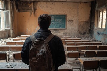 Backpacker contemplates the remnants of a school in a war-torn city, highlighting the impact of conflict on education