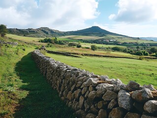 A hilly landscape where old weathered stone walls mark