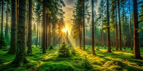 Fototapeta premium Mysterious Low Light Pine and Fir Forest, Summer Undergrowth - Stock Photo