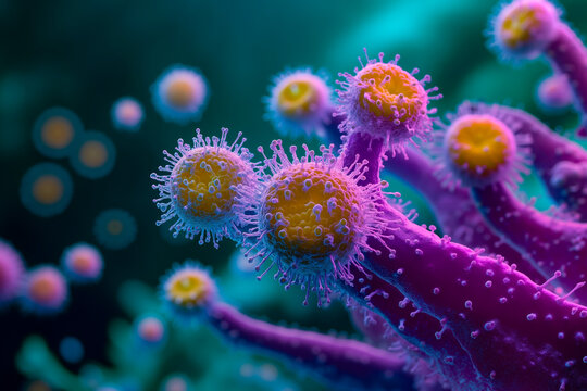 A close up of a bunch of purple and yellow viruses