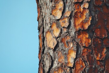 Close-up of tree bark texture, showing rough, peeling, reddish-brown and grey patterns against a clear blue sky.