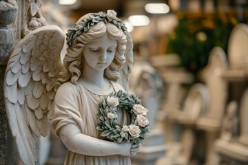Naklejka premium Stone angel statue with wings and flower crown holding a small floral wreath in a cemetery workshop