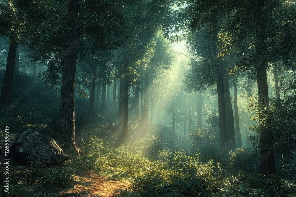 Poster sunbeams pierce a misty, verdant forest, illuminating a path through ancient trees.