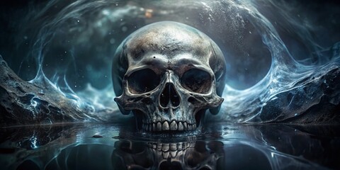 Mysterious Submerged Skull: Gothic Halloween Double Exposure Stock Photo