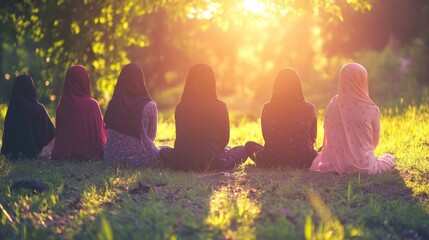 Group of Women Sitting Together at Sunset in Natural Environment