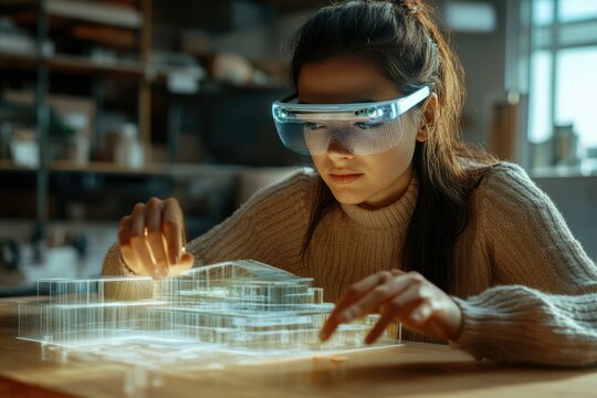 A woman uses augmented reality glasses to design a 3D building model, showcasing innovative architectural technology.