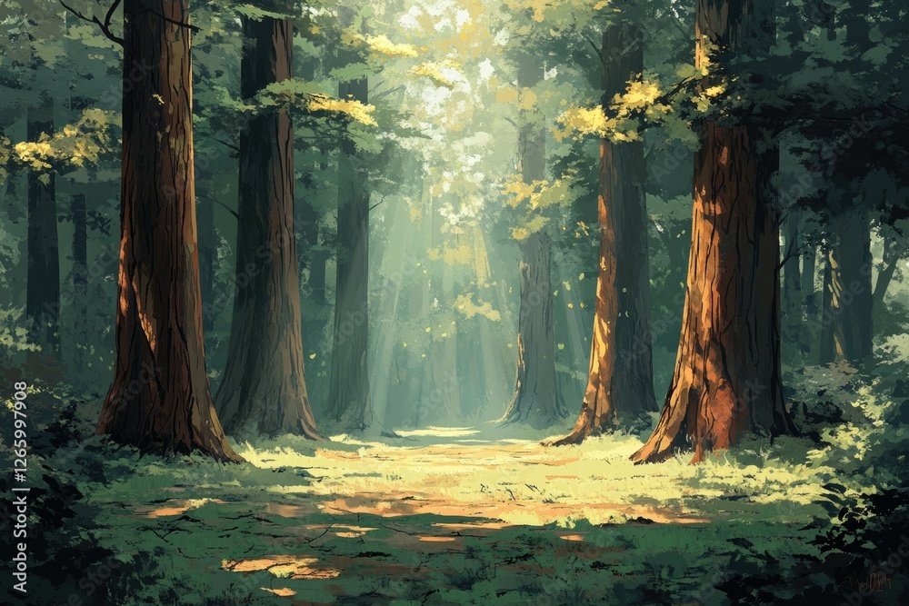 Poster Sunlit path through a dense forest of towering redwood trees, creating a serene and mystical atmosphere.