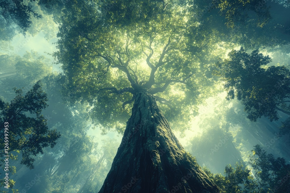 Poster a majestic ancient tree dominates a mystical forest, sunlight filtering through the canopy.
