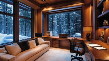 Luxurious home office with a winter wonderland view from windows
