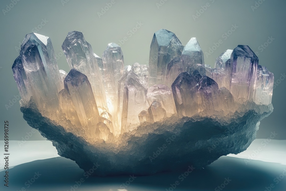 Poster a mesmerizing cluster of amethyst crystals illuminated from within, showcasing their translucent bea