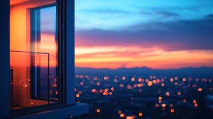 Cityscape sunset view from modern apartment balcony