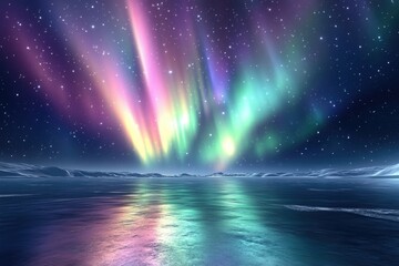 Vibrant aurora borealis illuminates a serene arctic landscape under a starlit sky.