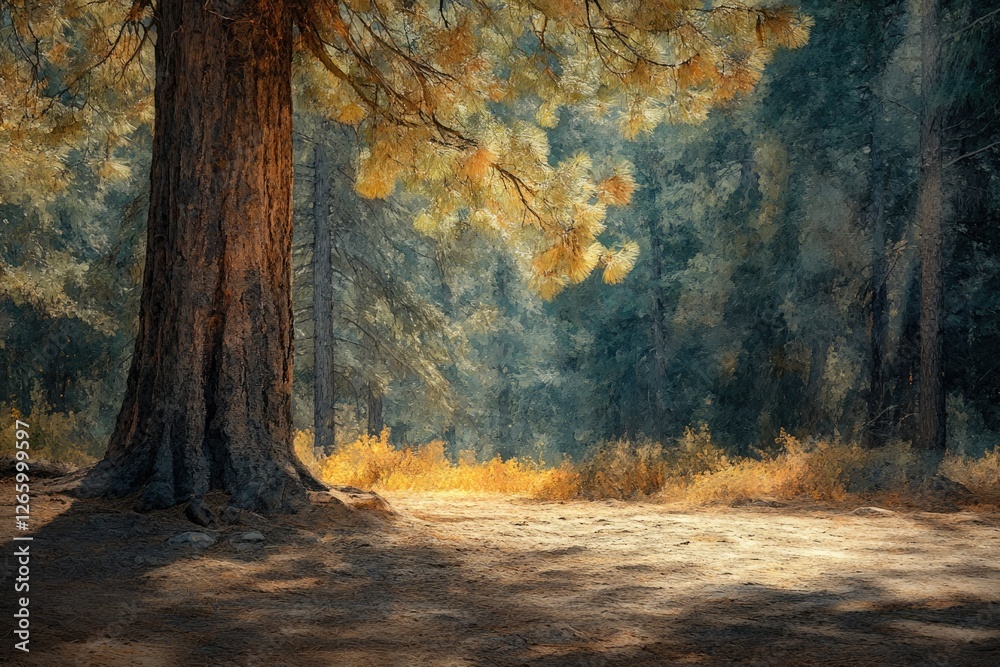 Poster majestic forest scene with a large tree, sunlight filtering through the canopy, creating a serene an