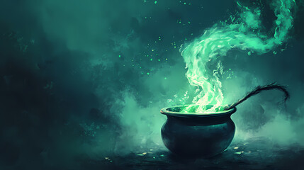 Illustration of a witch's brew bubbling in a cauldron, with tendrils of green smoke spiraling into the night sky. Midnight Alchemy Rituals. Illustration