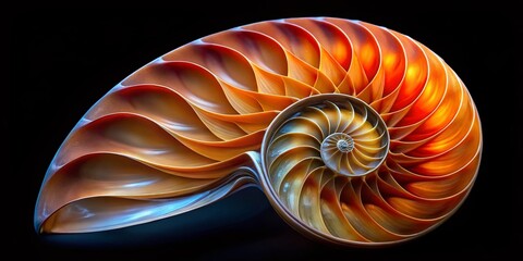 Nautilus Shell Cross Section: Isolated Detailed Macro Shot on Black Background