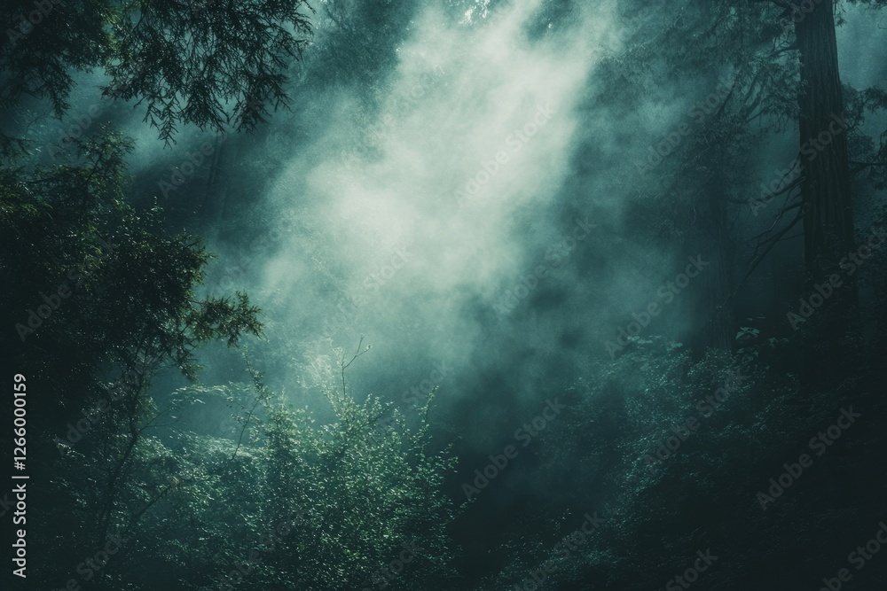 Poster enigmatic forest scene shrouded in mist, sunlight filtering through dense foliage.