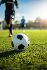 Fototapeta premium People playing soccer game in field.