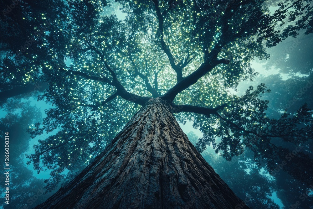 Poster Enormous tree viewed from below, canopy shimmering with ethereal light, creating a magical, mystical atmosphere.