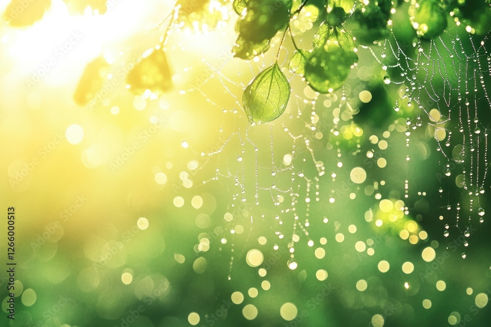 Poster sunlit dew drops adorn a spiderweb delicately draped amongst vibrant green leaves, creating a serene