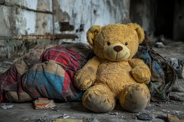 Dusty bear and rags in abandoned building symbolize poverty and homelessness, conveying social issues and child neglect
