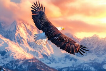 Fototapeta premium Majestic bald eagle in flight over snow-capped mountains during a vibrant sunset.