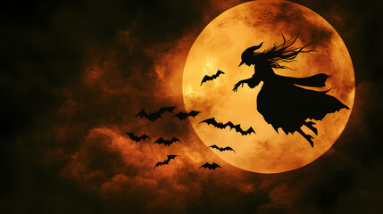 Silhouette of a witch flying with bats against a full moon backdrop, creating an eerie and mystical halloween scene. Midnight Alchemy Rituals. Illustration