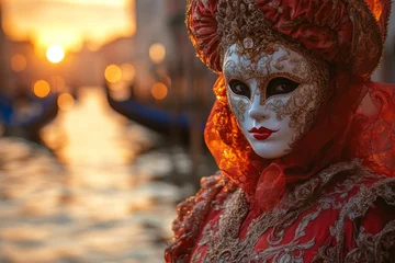 Fototapete Rund Close-up of a costumed person wearing a beautiful venetian mask during carnival © Michael
