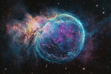 Obraz premium A vibrant nebula, cosmic dust and gas swirl in a breathtaking display of celestial colors and textures.