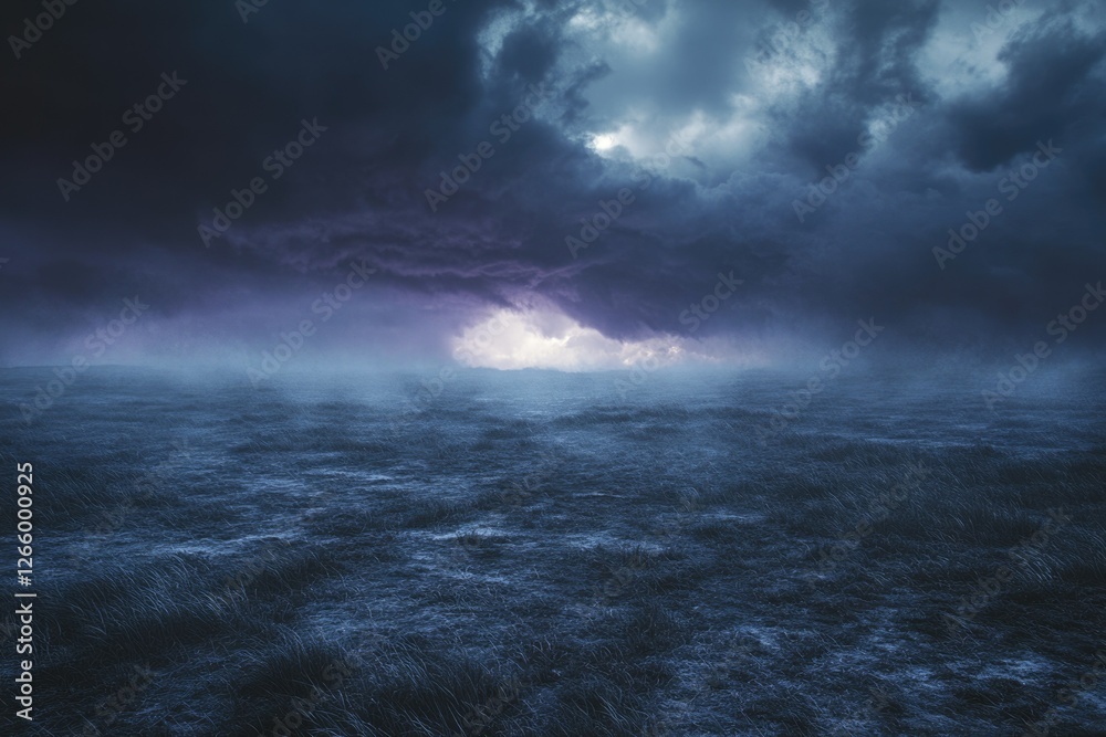 Poster dark, stormy clouds loom over a vast, misty field, creating an ominous and atmospheric scene.
