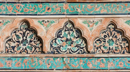 Obraz premium Intricate Mosaic Patterns in Vibrant Colors on Historical Wall