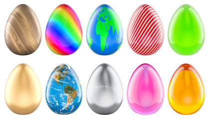 Colored Easter Eggs with different texture. Easter concept. 3D rendering isolated on transparent background