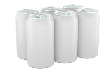 Blank metal drink cans, pack from 6 cans. 3D rendering isolated on transparent background