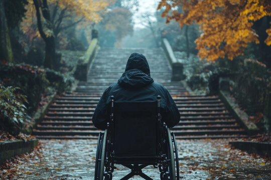 Person with disability using wheelchair looking at inaccessible stairway in a foggy autumn park, concept of accessibility and discrimination