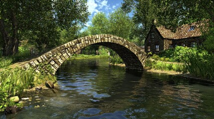 Stone arch bridge over tranquil river, charming cottage, lush green foliage