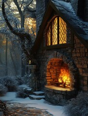 Fototapeta premium Cozy stone cottage with warm fireplace in a snowy forest
