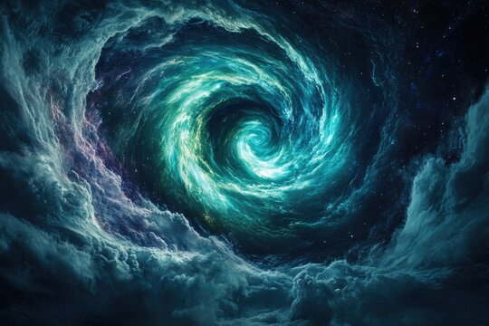 A swirling cosmic vortex of teal and dark clouds, a mesmerizing celestial phenomenon.