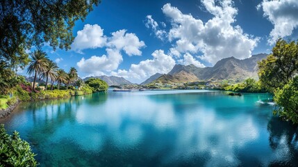 Naklejka premium Tropical harbor reflecting lush mountains, calm waters, and clouds