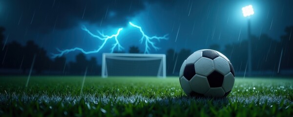 Naklejka premium A dramatic soccer scene featuring a ball on the field under a stormy sky, capturing the intensity of the game amidst rain and lightning.
