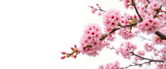Obraz premium Pink cherry blossom flowers delicately blooming on a slender branch against a soft white background, evoking a serene and tranquil spring atmosphere