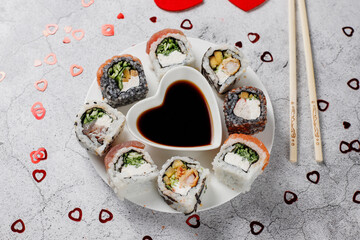 Valentine's Day concept sushi set heart shaped